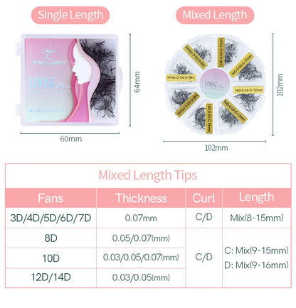 Song lashes Promade Fans 3D-10D07Pointy base loose fans Sharp thin root Korea PBT material 500 Fans Eyelash Extensions Choice