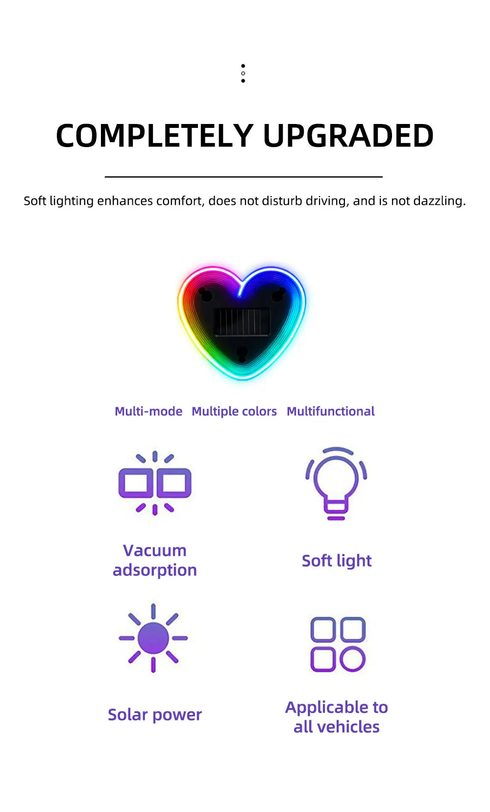 Universal Solar Atmosphere Light Heart-shaped Dynamic Gradient LED Fit Car Interior Ambient Light Decoration Accessory RGB