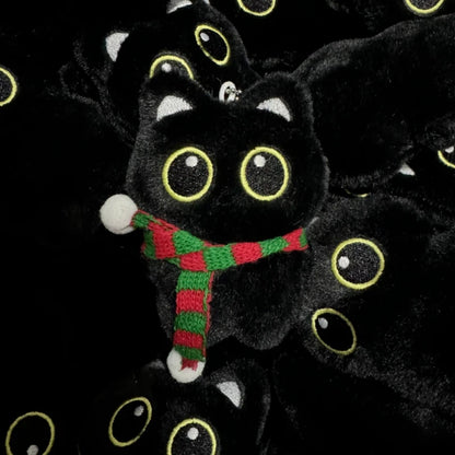 New Kawaii Big Eyes Cat Plush Doll With Scarf Black Cat Keychain Bag Pendant Cartoon Kitten Ornament Festival Gift For Friends
