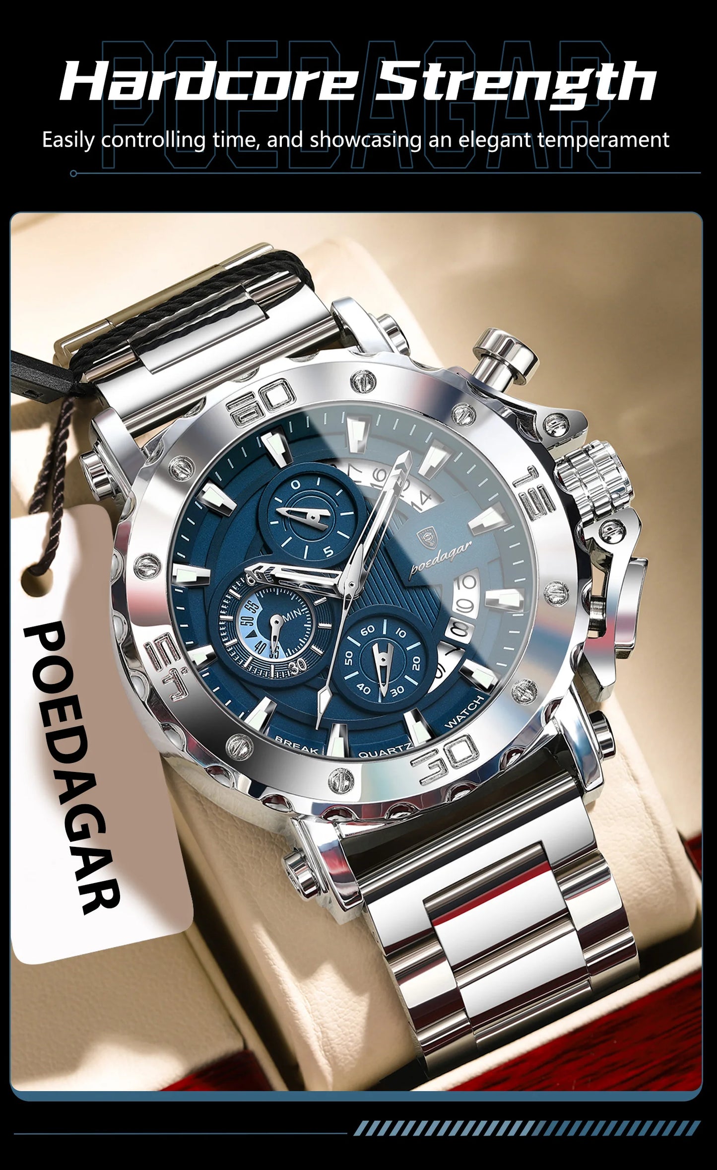 POEDAGAR Luxury Men's Watch Calendar Luminous Waterproof Man Clock Chronograph Stainless Steel Quartz Watches For Men Reloj Gift