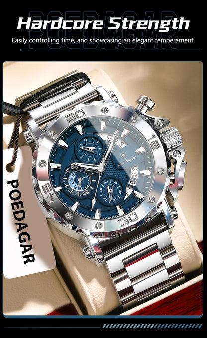 POEDAGAR Luxury Men's Watch Calendar Luminous Waterproof Man Clock Chronograph Stainless Steel Quartz Watches For Men Reloj Gift