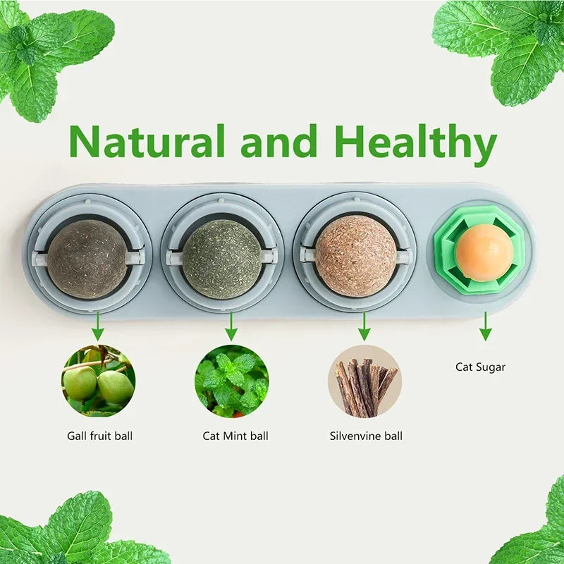 4 in 1 Rotating Catnip Silver Vine Ball Teeth Cleaning Acne Prevention Digestive Health Wall Stick on Toy Edible Safe Material
