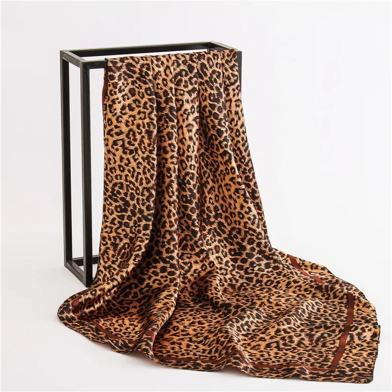 90cm Leopard Print Satin-Finish Scarf - Lightweight Simulated Silk Square for Women Spring Summer Versatile Chic