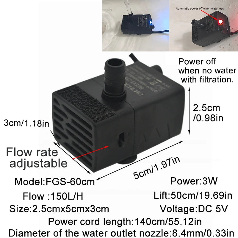 Ultra Quiet USB Aquarium Fish Tank Filtration Pump Mini Pet Fountain Submersible Adjustable Flow Water Circulation Pump 5V 5W/3W