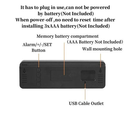 9 Inch Large Digital Wall Clock USB Powered TEMP Humidity Week Auto Dimmer DST Table Clock 12/24H Electronic LED Alarm Clock