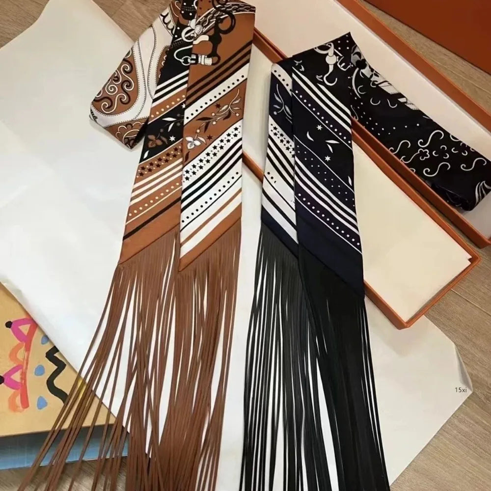 130x5cm Tassel Cashew Print Scarf Women's All-season Twill Silk Decorative Ribbon Multi-purpose Bag Hair Tie Belt Scarf