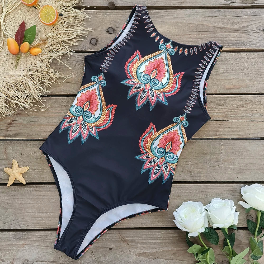 2026 New Printed One-piece Swimsuit Classic Printed Lace Up Swimsuit Women's Push Up Flower One-piece Suit Beach Wear For Female