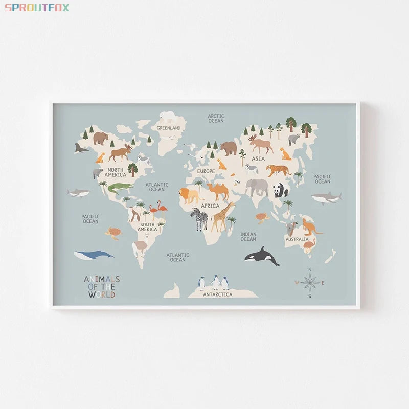 World Map Canvas Painting Pastel Animal Theme Educational Wall Art Nordic Posters and Prints Pictures for Kids Room Decoration