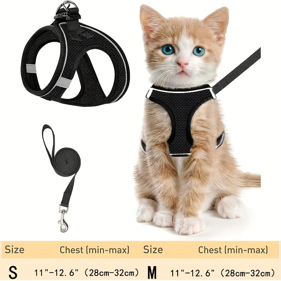 Reflective Cat Harness and Leash Set, Soft Mesh Vest, Polyester, Hand Wash Only, Escape-Proof Design, Safe Outdoor Walking, Suitable for Kittens, S/M Sizes Available