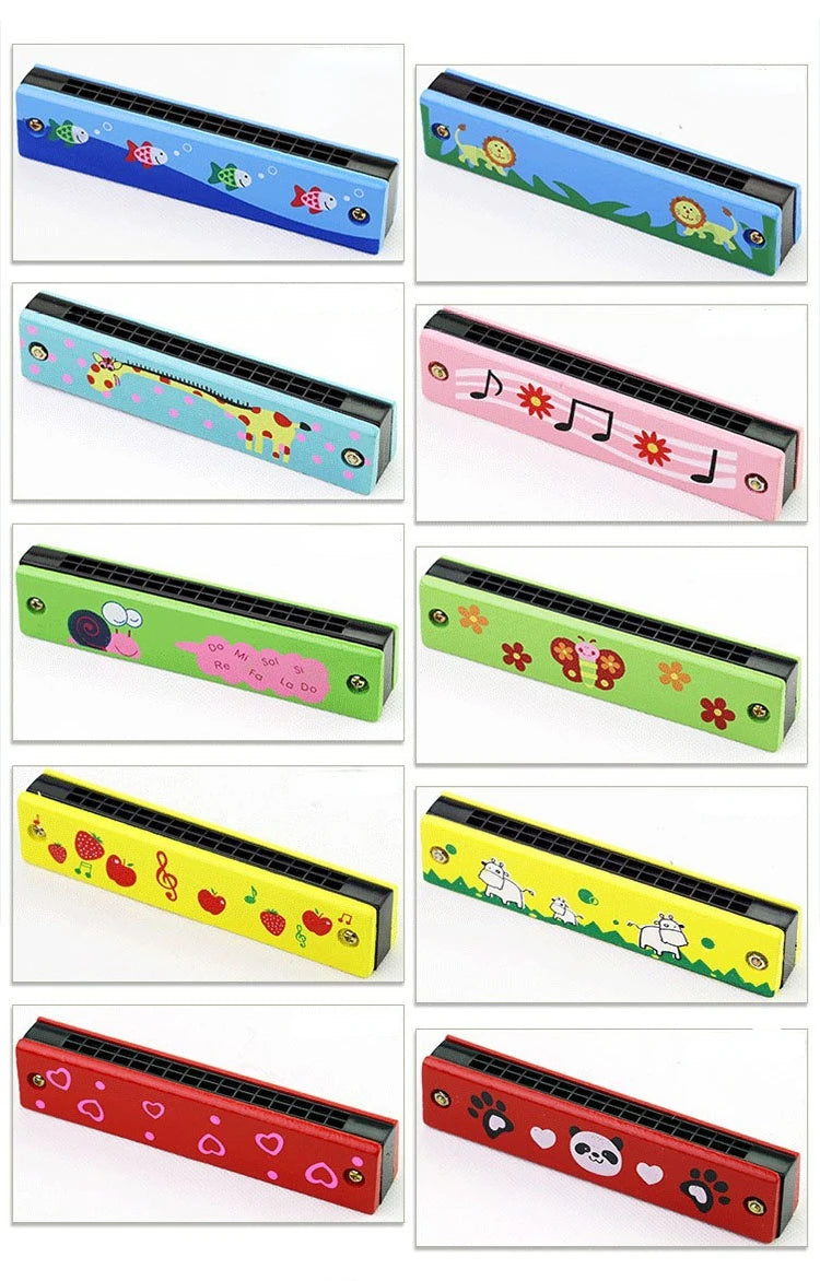 16-Hole Wooden Harmonica Cartoon Animals Painted Toy Musical Instrument Play Kids Early Educational Toys for Children Gifts