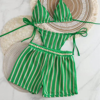2026 new style boxer shorts mesh three-piece women's swimsuit neck lace-up bikini set