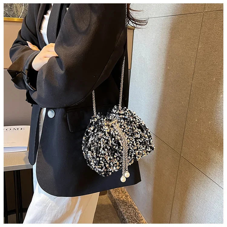 Crossbody Bags Sequin Women's New Korean Bucket Bag Bright Eyes Style Fashion Crossbody Dinner Single Shoulder Bags