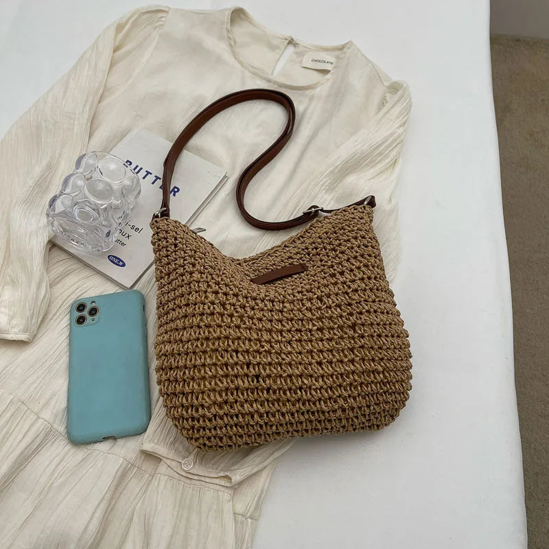 Straw woven bag, single shoulder, women's fashionable weaving, ins style, seaside beach, crossbody bag for women