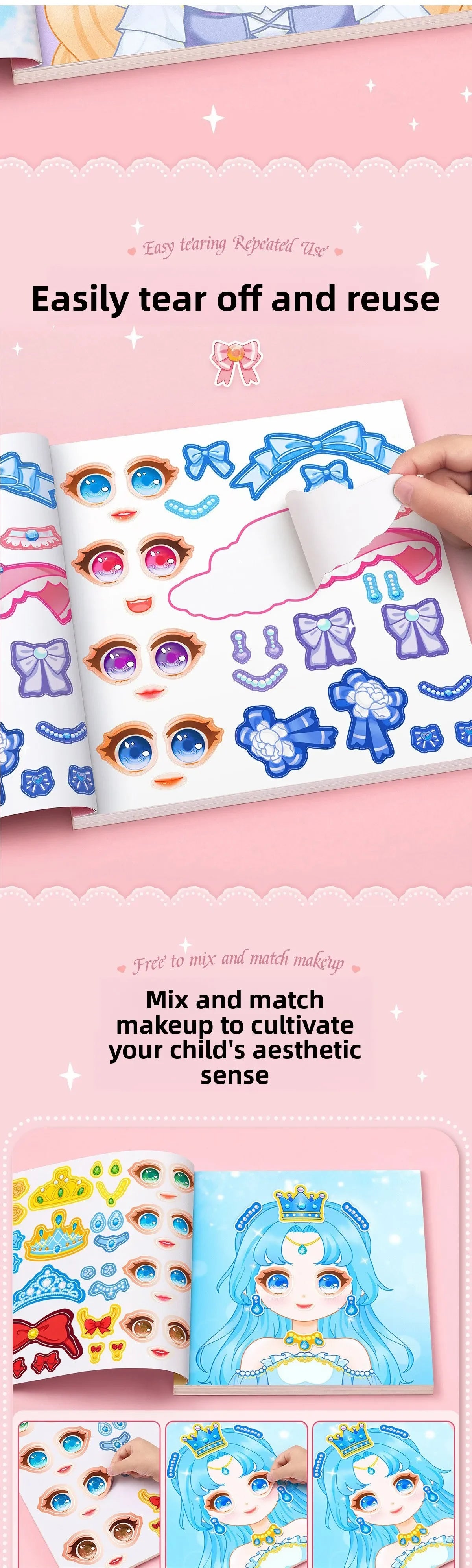 Stickers Book Handicrafts Creative Kids Stickers 15 Pages Toy Puzzle Reusable for Girls Cartoon Princess Make A Face Stickers