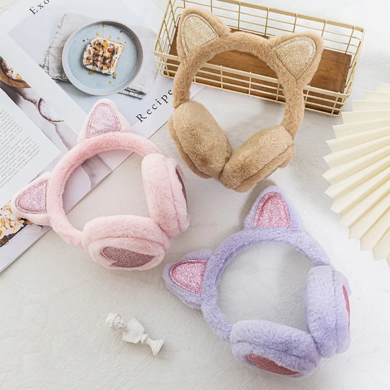 Plush Winter Warm Ear Earmuffs Glitter Cat Ear Warmers Heart Fur Hang Ear Cover for Women Girl Earflap Cold Protection Ear Muffs