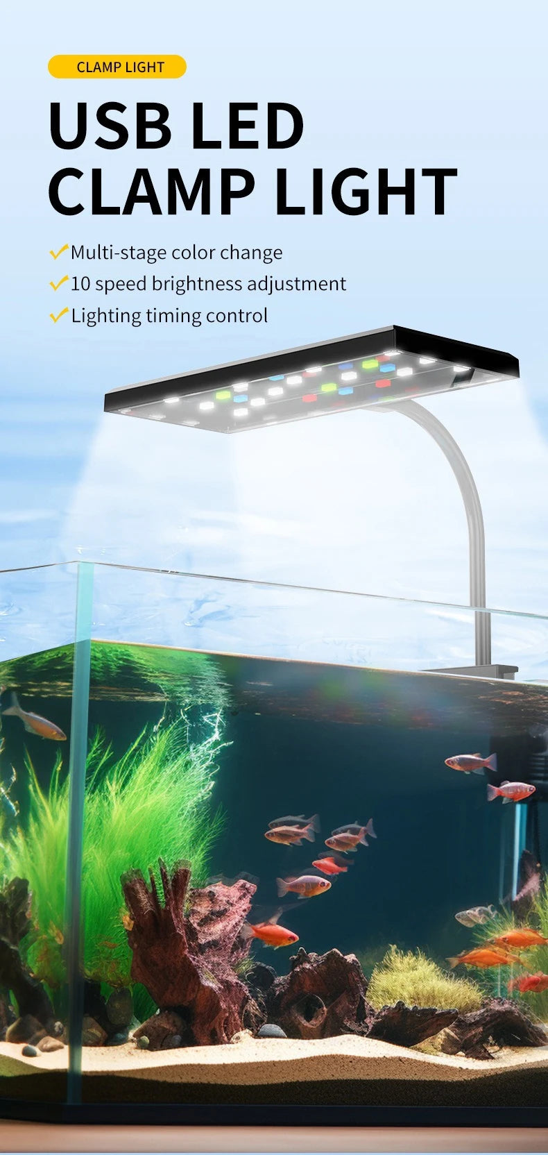 USB Aquarium LED Light Full Spectrum Aquatic Plant Grow Lamp Fish Tank Adjustable Brightness Dimmable Timed 360° Rotatable Light