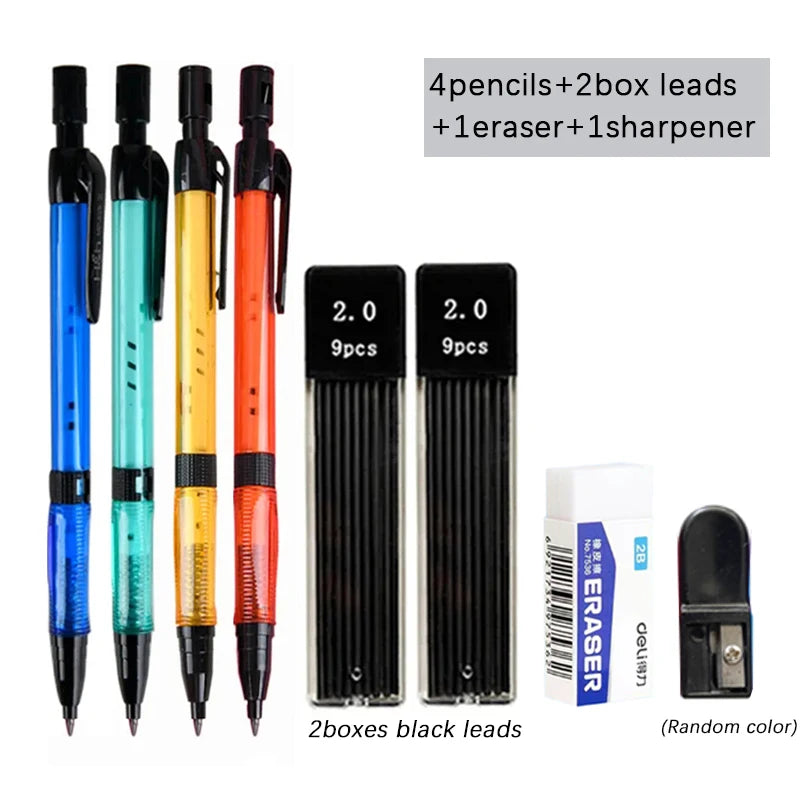 Mechanical Pencil Set 2.0mm with 2B Black/Colors Lead Refill for Writing Sketching Art Drawing Painting School Automatic Pencils
