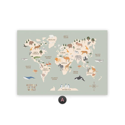 World Map Canvas Painting Pastel Animal Theme Educational Wall Art Nordic Posters and Prints Pictures for Kids Room Decoration