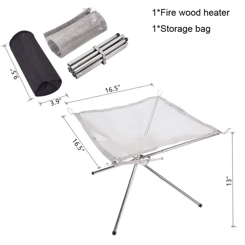 Portable Outdoor BBQ Bonfire Rack, BBQ Fire Pit Grill, Stainless Steel Mesh Fire Pit Wood Stove Stand, Foldable Fire Frame Rack