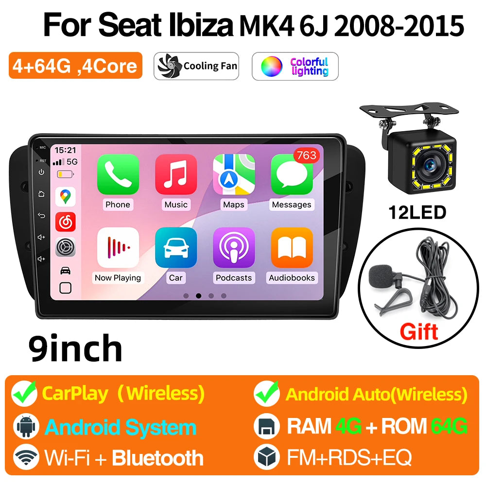 Android Car Radio for Seat Ibiza MK4 6J 2008-2015 Multimedia Player CarPlay Android Auto GPS Bluetooth WIFI Car Head Unit 9inch