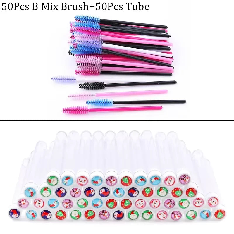 100/50pcs Christmas Eyelash Brush Tube Reusable Eyebrow Brushes Mascara Wand Dust-proof Storage Tubes Cosmetics Makeup Tools