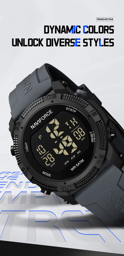 NAVIFORCE 7104 Sports Men's LCD Digital Leisure Date Week Alarm Clock Waterproof Silicone Strap Electronic Watch électronique