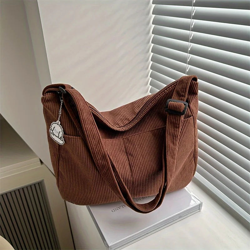 Women’s Corduroy Shoulder Bag, Casual Striped Large Capacity Tote with Zipper Closure, Cute Hat Patch, Perfect for Everyday Use