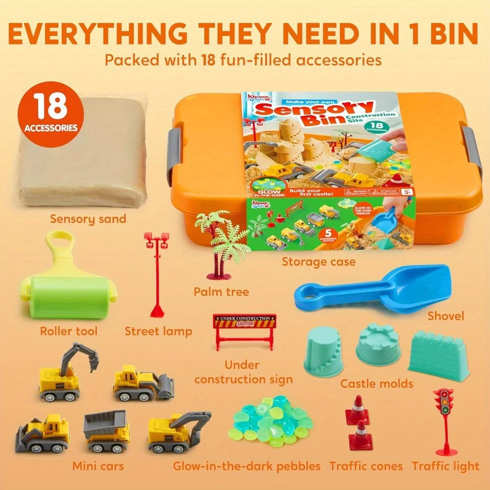 JOYFY Kids Glow in The Dark Construction Sensory Bin Stones Sandbox with Lid Castle Building kit for Kids Birthday Gifts