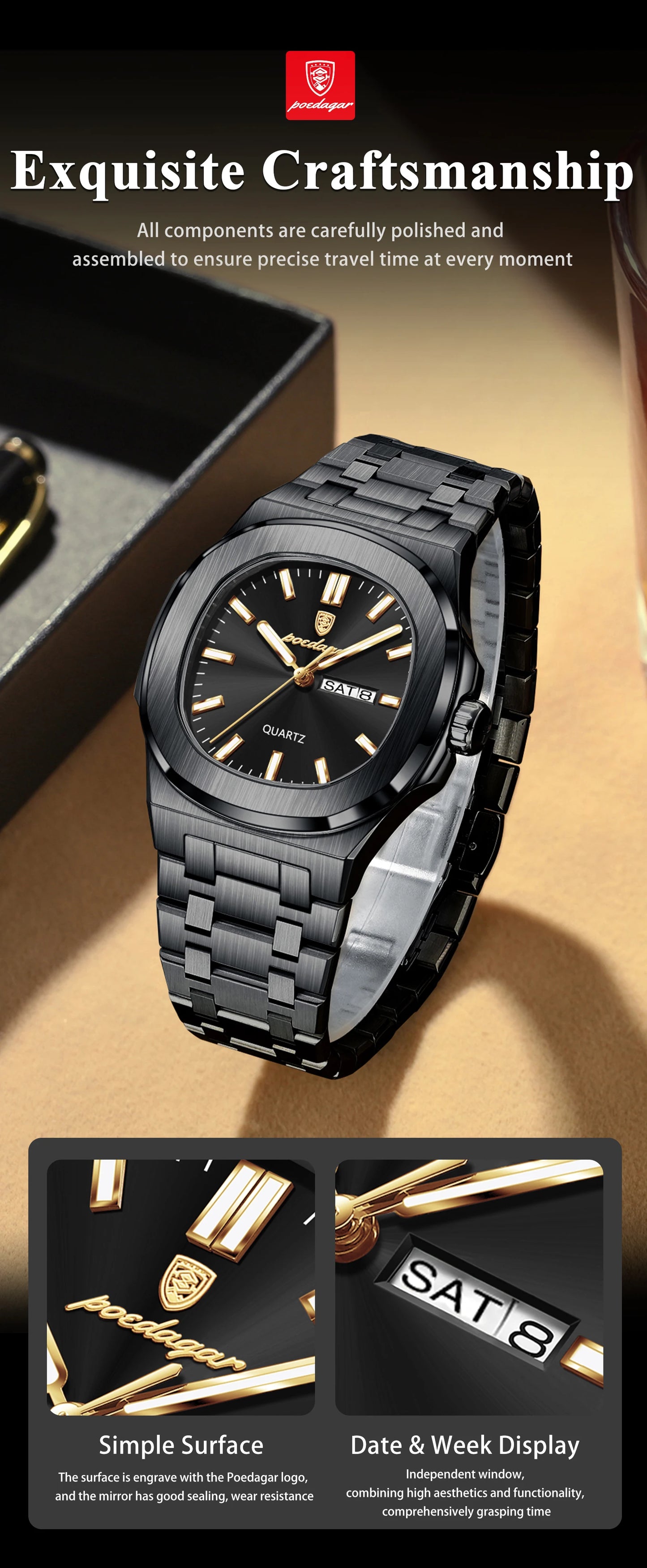 POEDAGAR Square Luxury Men's Wristwatch Luminous Waterproof Stainless Steel Male Clock Week Date Original Quartz Watches For Men