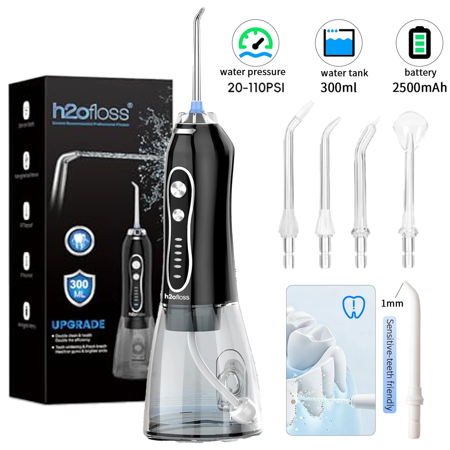 H2ofloss Cordless Water Flosser 5 Modes 300ml 2500mAh USB Rechargeable Portable High Pressure Oral Irrigator for Teeth Cleaning