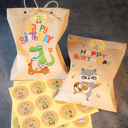 24Sets Thank You Kraft Paper Bags Cute Rainbow Dino Happy Birthday Gift Pouch Retro Flower Party Favor Bag Candy Cookie Supplies