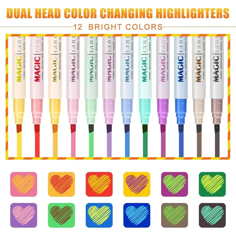 12pcs Double-ended Magic Color Changing Highlighter Pen Set, Student Diary Scrapbook Painting DIY Making, Classroom and Office S