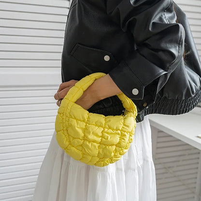 Candy bag Fashion Mini Puffer Tote Bag Quilted Circle Phone Purse  Elegant  Soft Nylon Padded Key Pouch Simple Trend Handbag