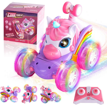 2.4G Lighting unicorn Remote Control Stunt Dump Truck Chase Light Twist Change Car Drift Dancing Toy Car, Children's New Year Bi