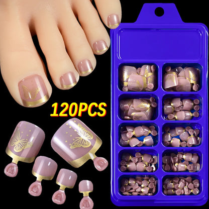 120Pcs 9-Colors French Fake Toenails Summer Short Sqaure Press On Toe Nails Tips Glossy Nude/Pink/Brown Full Cover False Toenail