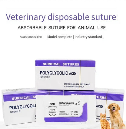 Veterinary absorbable suture, polyglycolic suture 3-0  (0/2-0/3-0/4-0 medical suture) (12 pcs/90cm round suture/reverse suture)