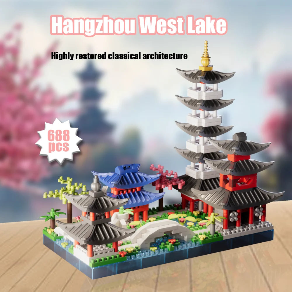 688PCS Hangzhou West Lake, Chinese Architecture, Classic Building Puzzle Toys, Miniature Building Block Sets, Models