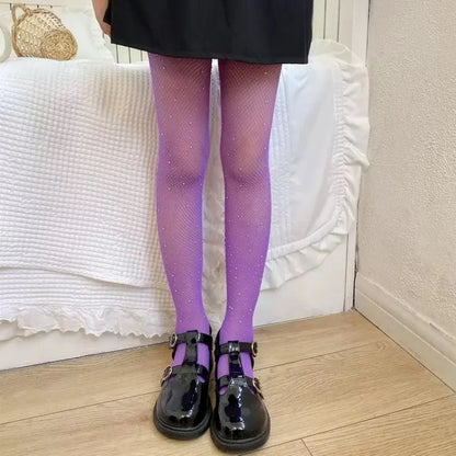 Child Fish Net Rhinestone Stretchy Tight Performance Costume Fishnet Legging Princess Baby Girls Shining Diamonds Mesh Pantyhose