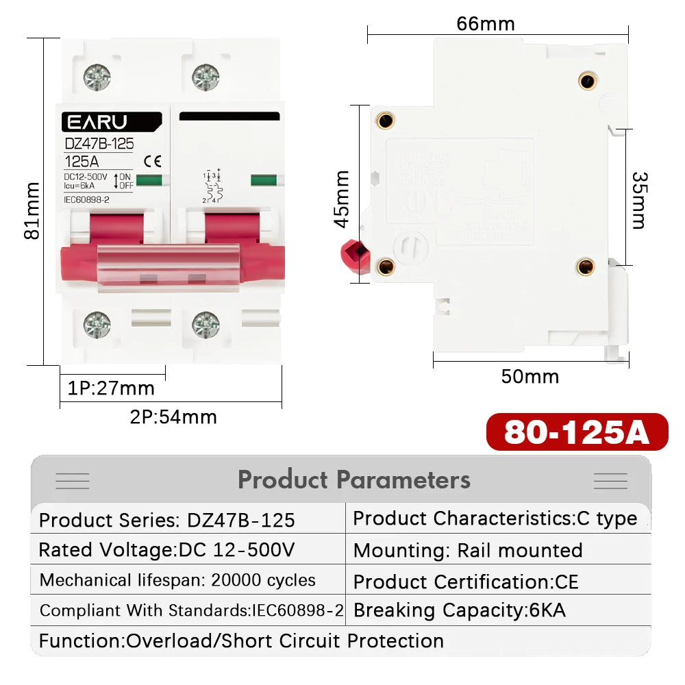 1P 2P DC MCB 12V 24V 48V Circuit Breaker Battery Car Protector DZ47 DC Positive Negative Pole Rotection  Protect Switch Isolator