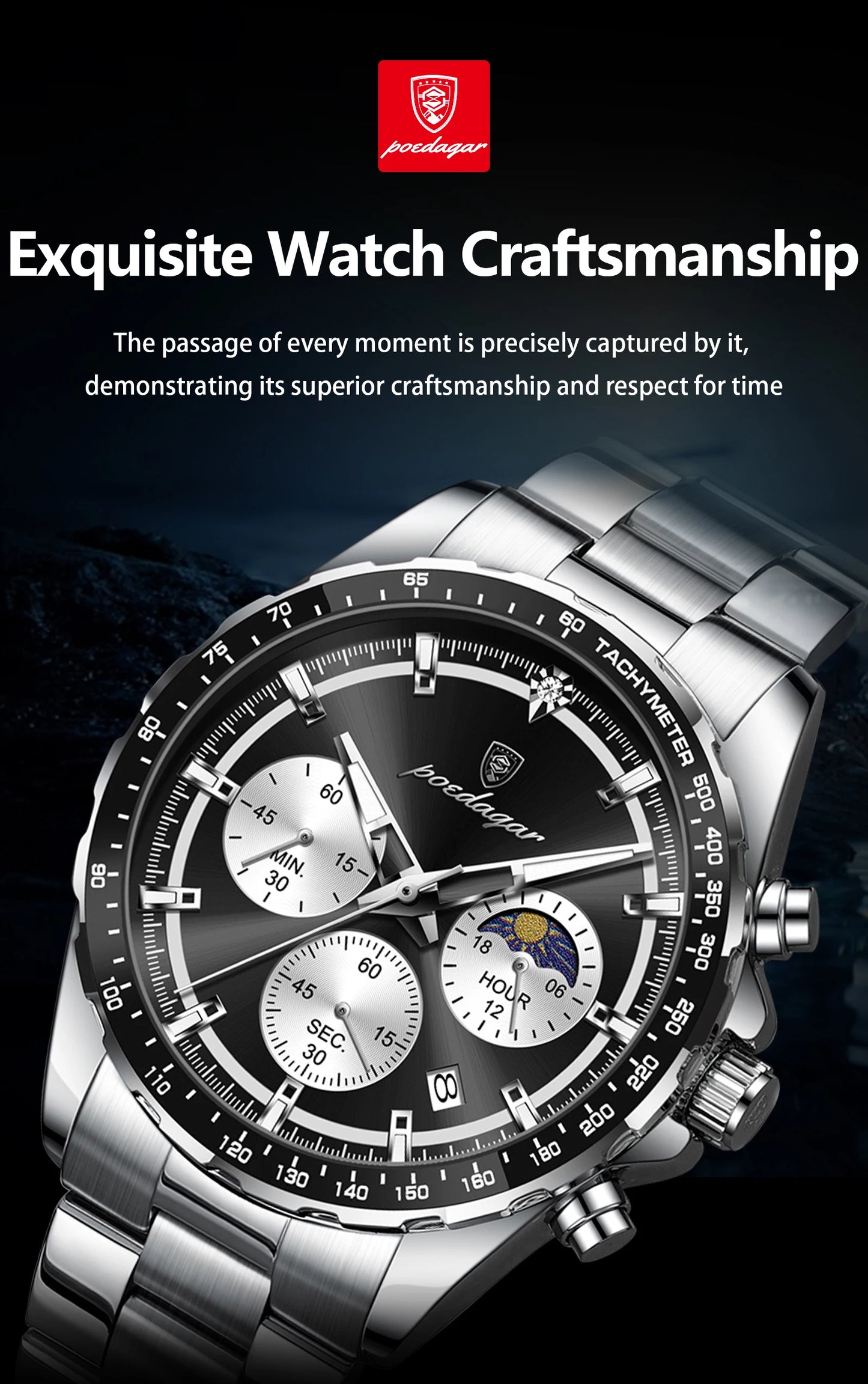 POEDAGAR Business Brand Man Wristwatch Waterproof Stainless Steel Luminous Men Watch Chronograph Date Men's Quartz Watches Reloj