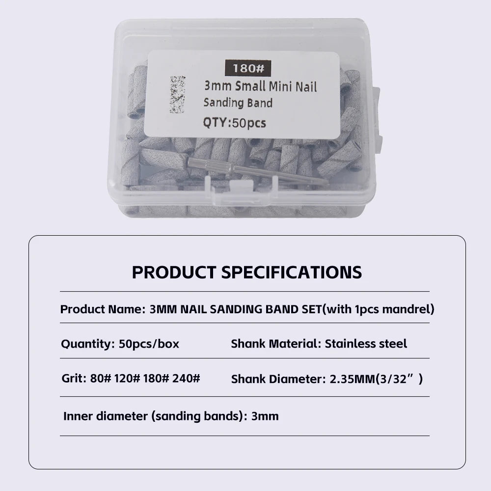 3mm Nail Sanding Bands-80/120/180/240 Grit Mini Nail Drill Bit Electric Nail File Accessory Polishing Manicure Tool 50/100pcs