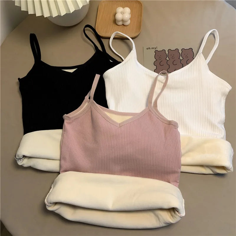 T-shirt Sleeveless Tops Women Winter Warm Underwear Solid Color Thermal Casual Nightwear Sexy Elasticity Female Thin Velvet