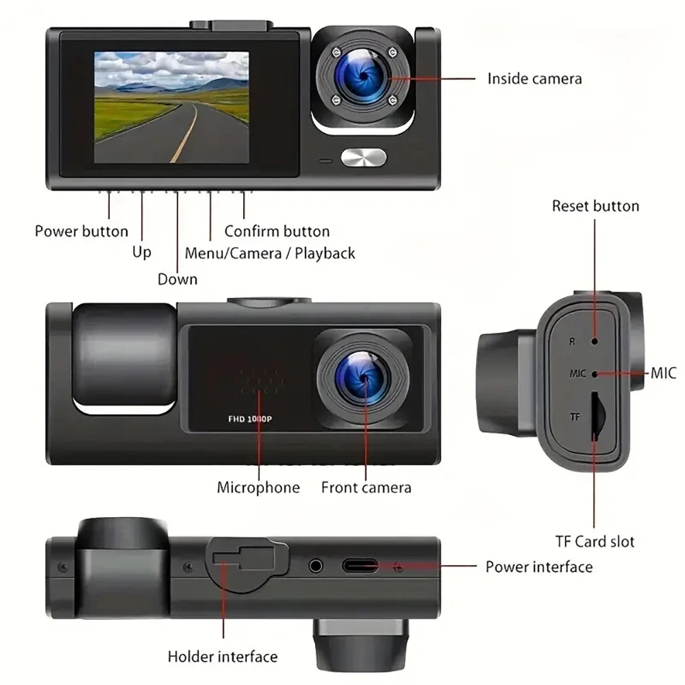 Wifi 3 Channel Dash Cam Night Vision Loop Recording & 2" IPS Screen 1080P 2/3Camera DVR Recorder, Video Recorder, Vehicle DVR
