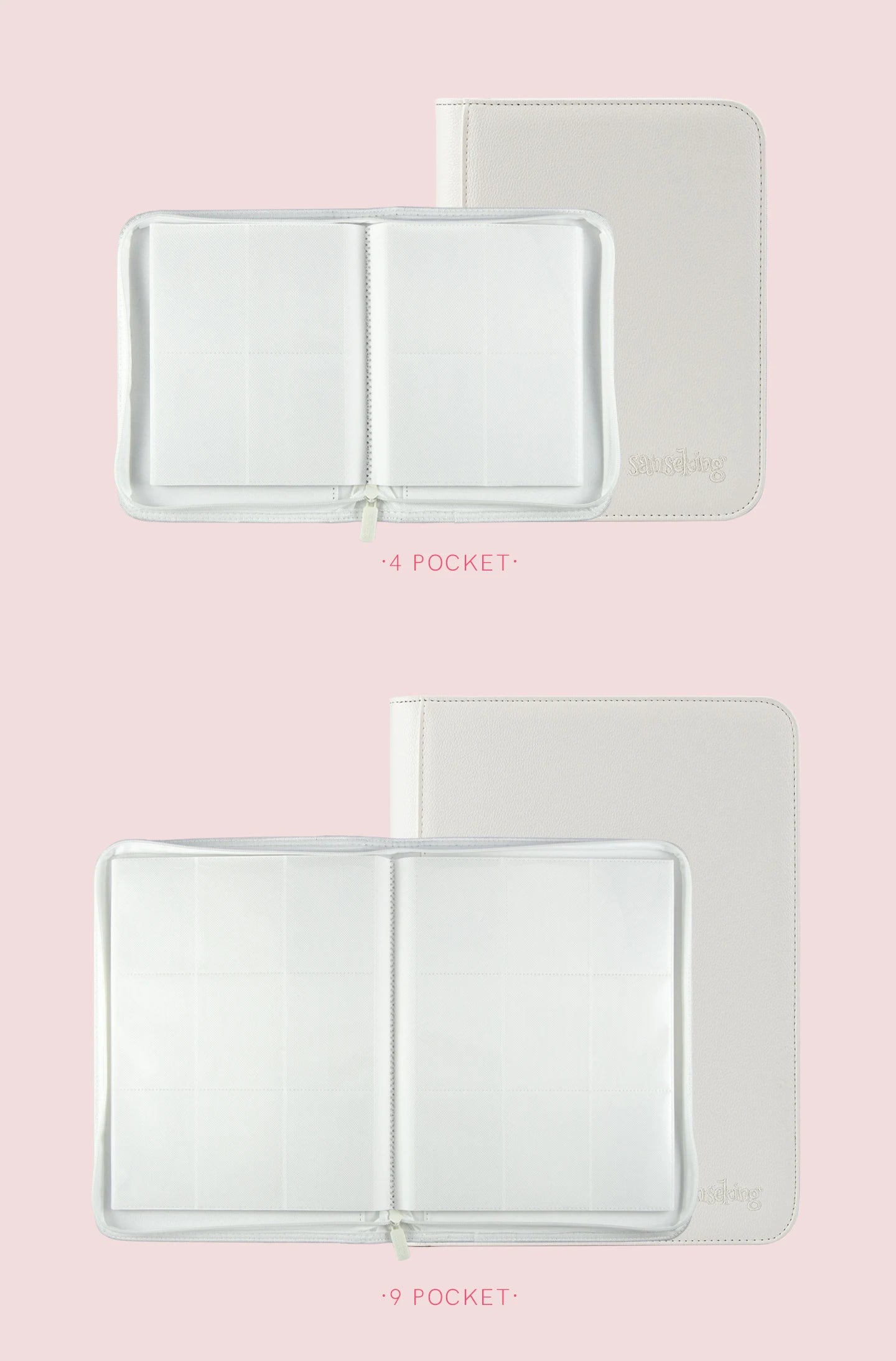 Premium Zipper 4/9/12 Pocket PU Card Binder - Aesthetic Pink & White Album for Pokemon Cards, Game Collection & Fan Photos