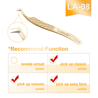 Lashtalk Precision Fiber Tip Tweezer Eyelash Extensions Diamond Grip Anti-Slip Premium Gold Stainless Steel Makeup With Box Pack