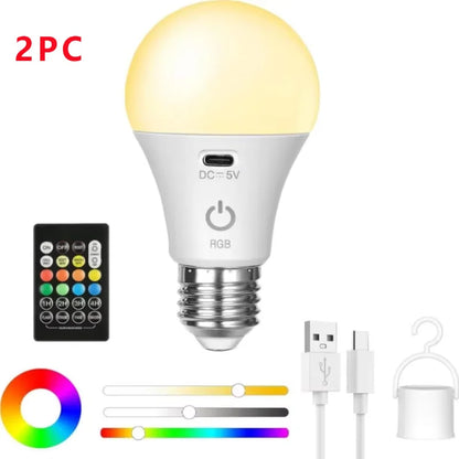 Rechargeable Light Bulb RGB color USB Led Bulb  Smart Bulb Dimmable E27 Bulbs with Timing Cordless Battery Operated Light Bulb