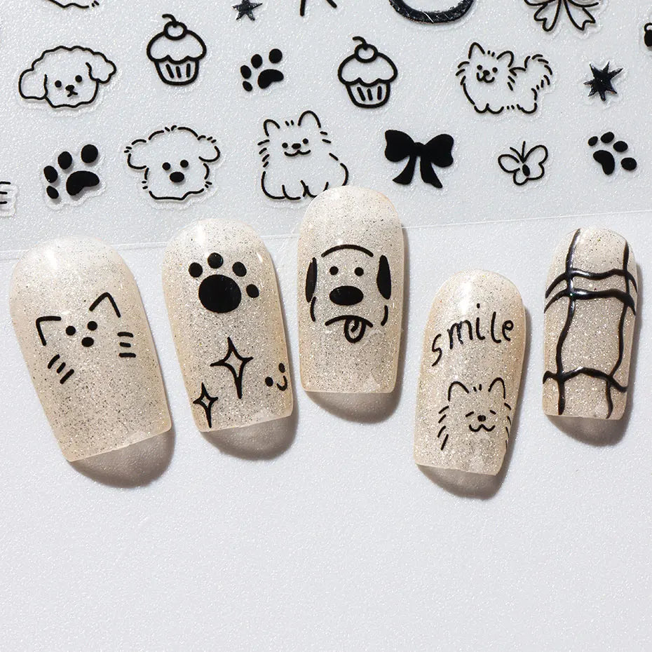 2pcs 3D Cute Silver Smile Dog Decals Y2K Cartoon Cat Footprint Nail Stickers Graffiti Star Heart Bowknot Manicure Slider Decor