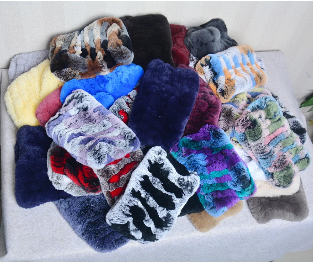 Women Handmade Stretch 100% Real Rabbit Fur Scarf Knit Genuine Rex Rabbit Fur Headbands Girls Natural Rabbit Fur Ring Scarves