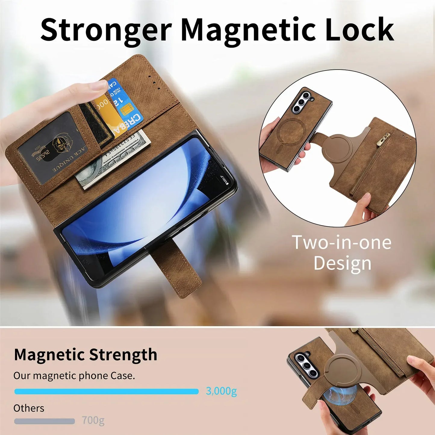 2 in 1 Magnetic Zipper Cards Solt Wallet Leather Case For Samsung Galaxy Z Fold 8 ultra 7 6 5  Wireless Charging Bag Purse Cover