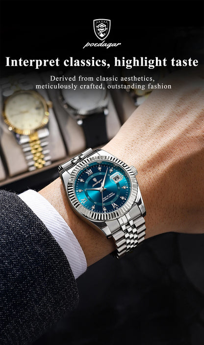 POEDAGAR Original Men Wristwatch Waterproof Luminous Date Business Man Clock Stainless Steel Quartz Military Men's Watches Reloj